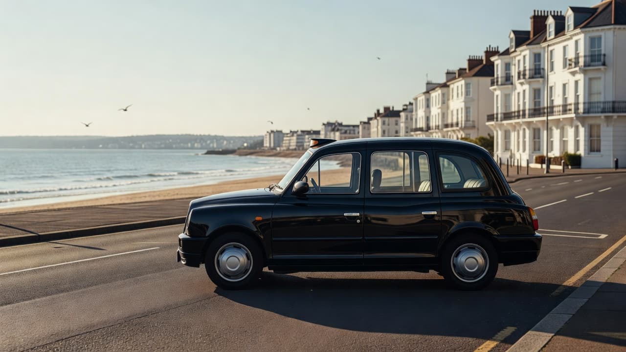 A pristine black hackney carriage stands parked on a quiet, sunlit coastal street. The classic vehicle waits near the seaside, with soft natural light highlighting its sleek curves and polished metallic exterior.