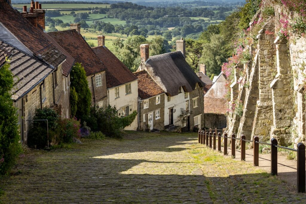 Gold Hill in Shaftesbury, a famous cobbled street in Dorset, England