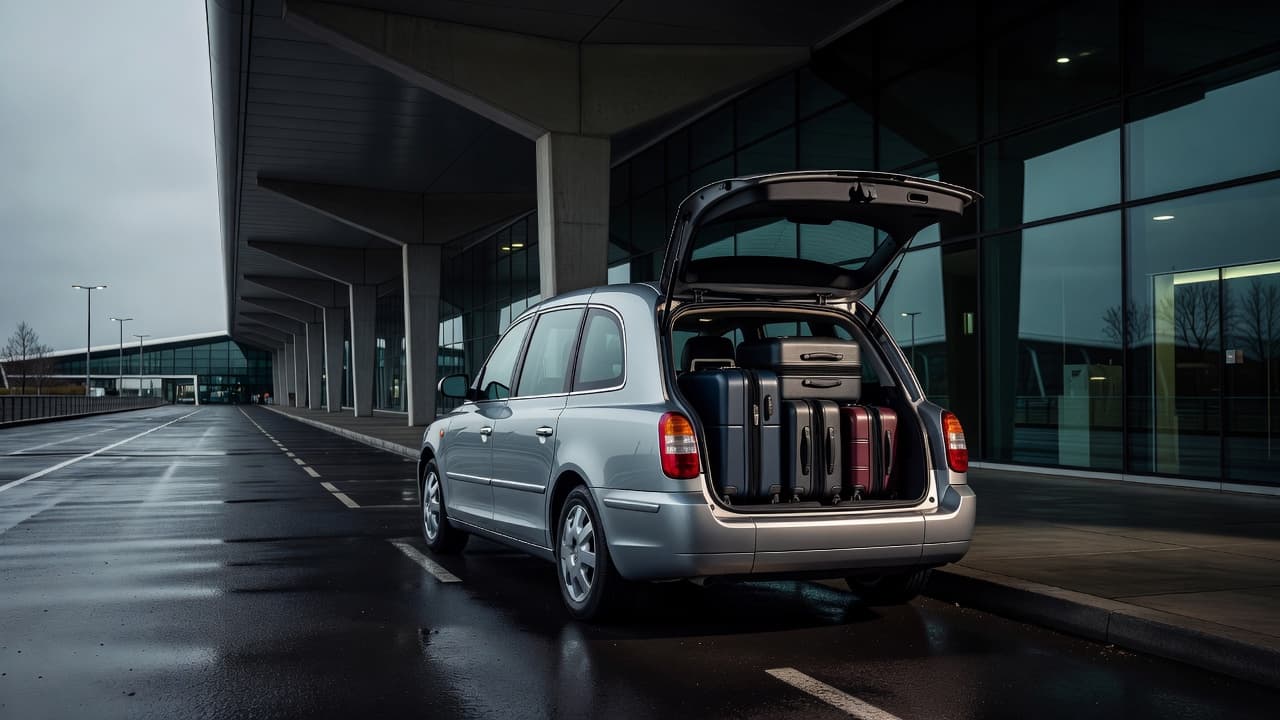 An open taxi trunk filled with luggage at an airport terminal.