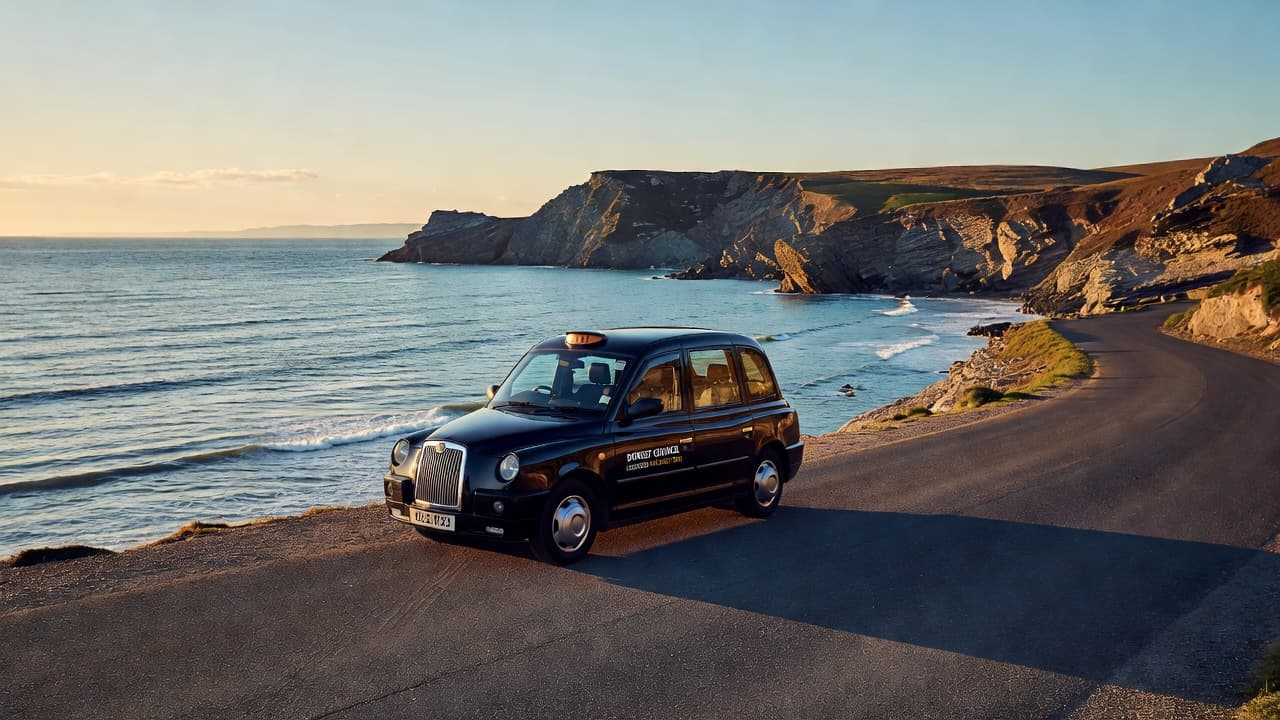 A black taxi parked on a scenic road overlooking the sea.