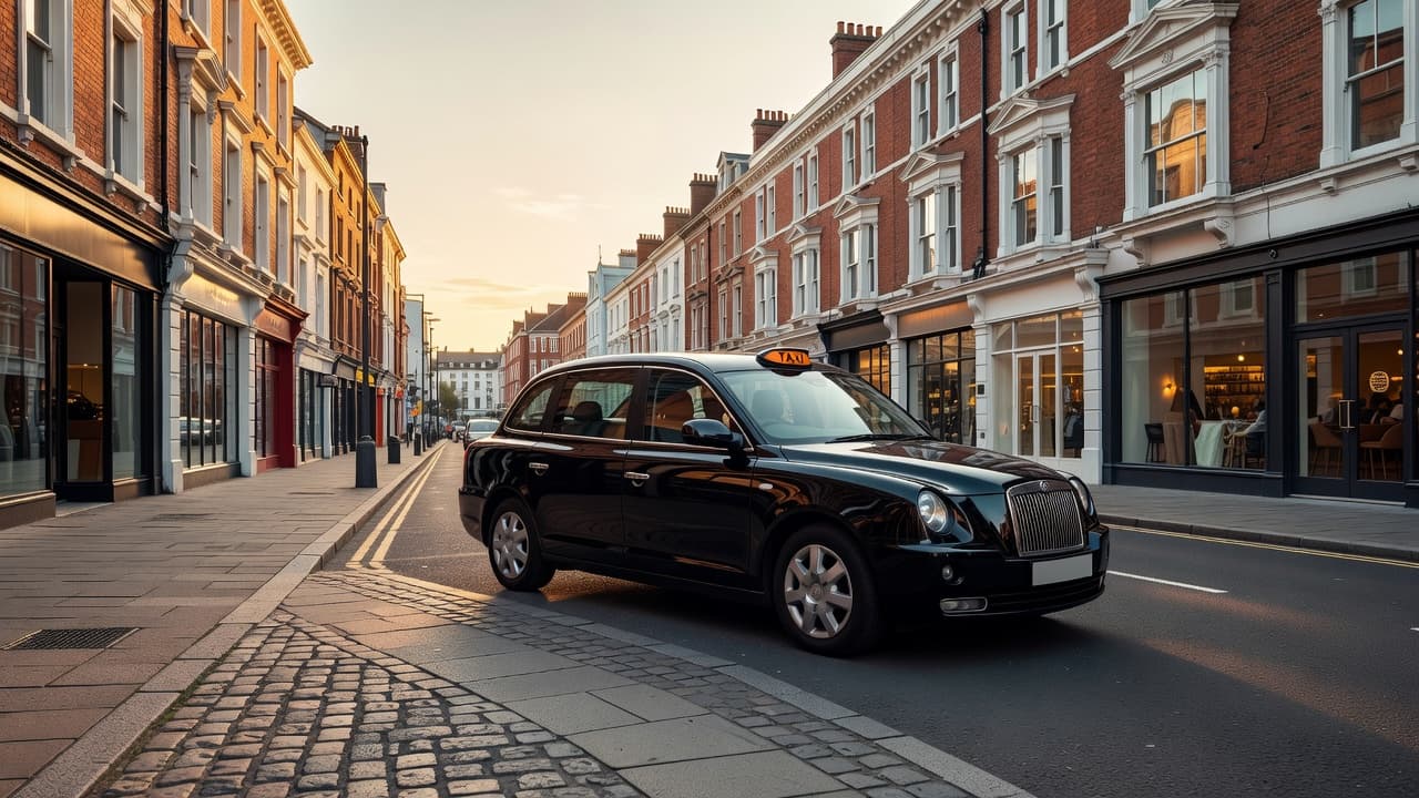 A sleek silver taxi is parked along a sun-drenched coastal street. The warm afternoon light highlights the elegant architecture and clean lines of the vehicle against the charming town backdrop.