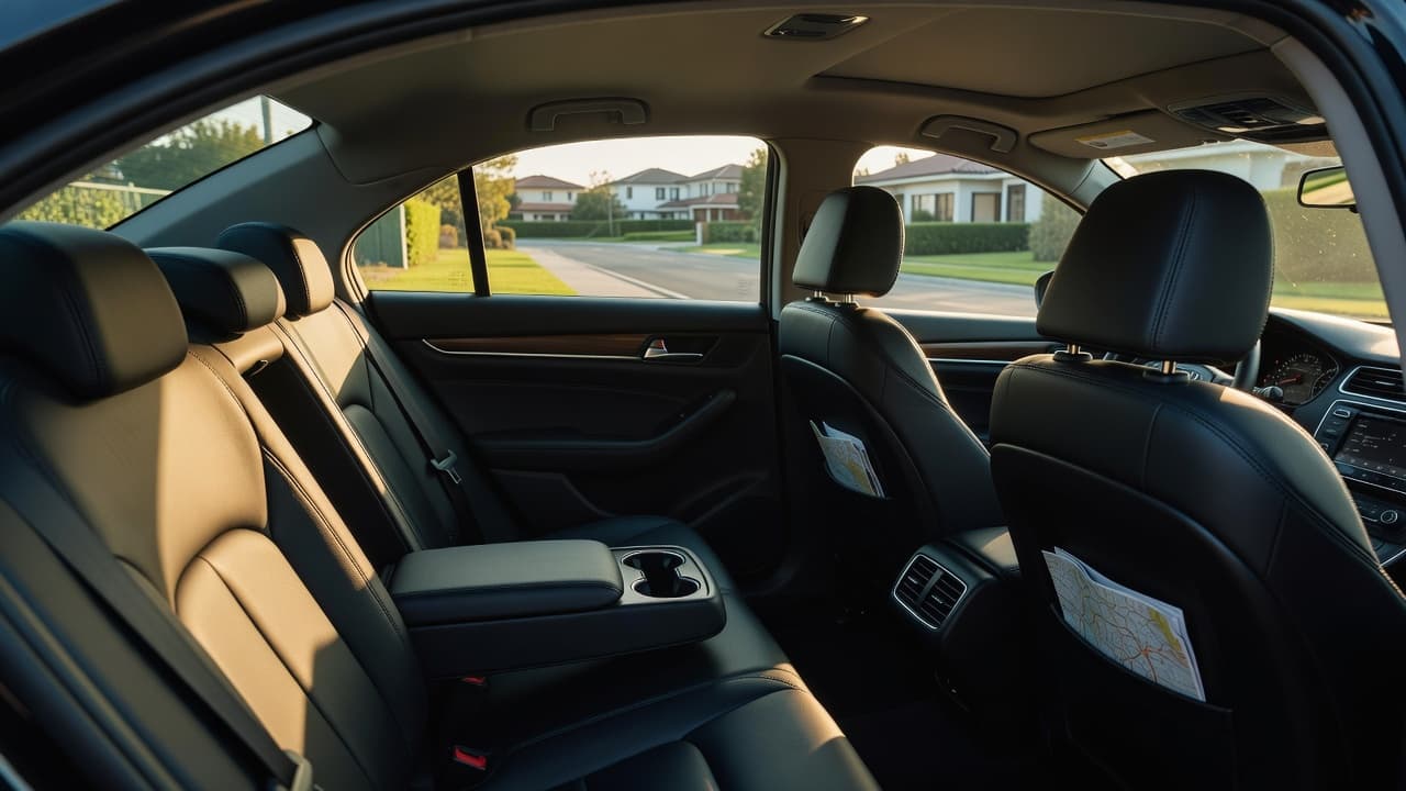 Empty modern taxi interior with leather seats overlooking a sunny suburban street.