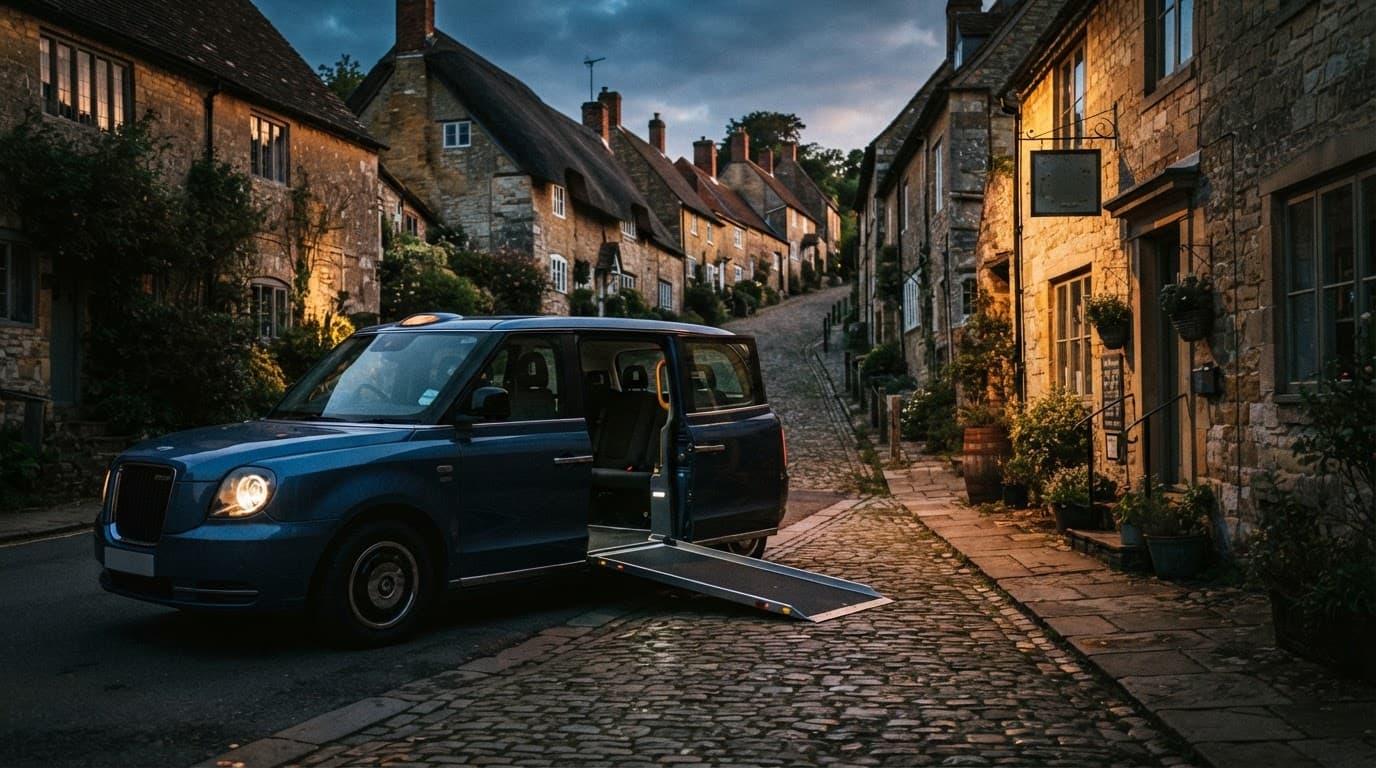An accessible taxi parked on a quiet street beside historic Dorset buildings.
