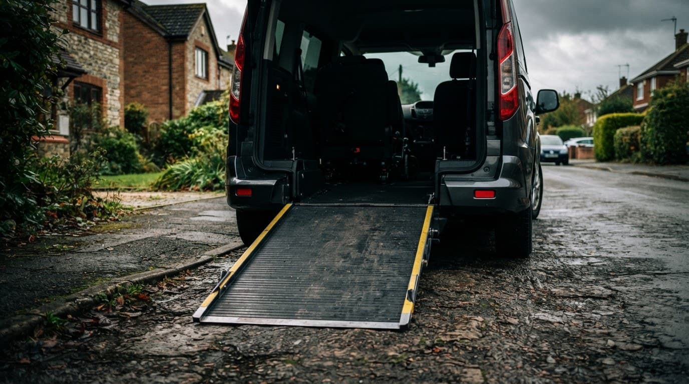 An accessible vehicle ramp extends onto a suburban pavement.