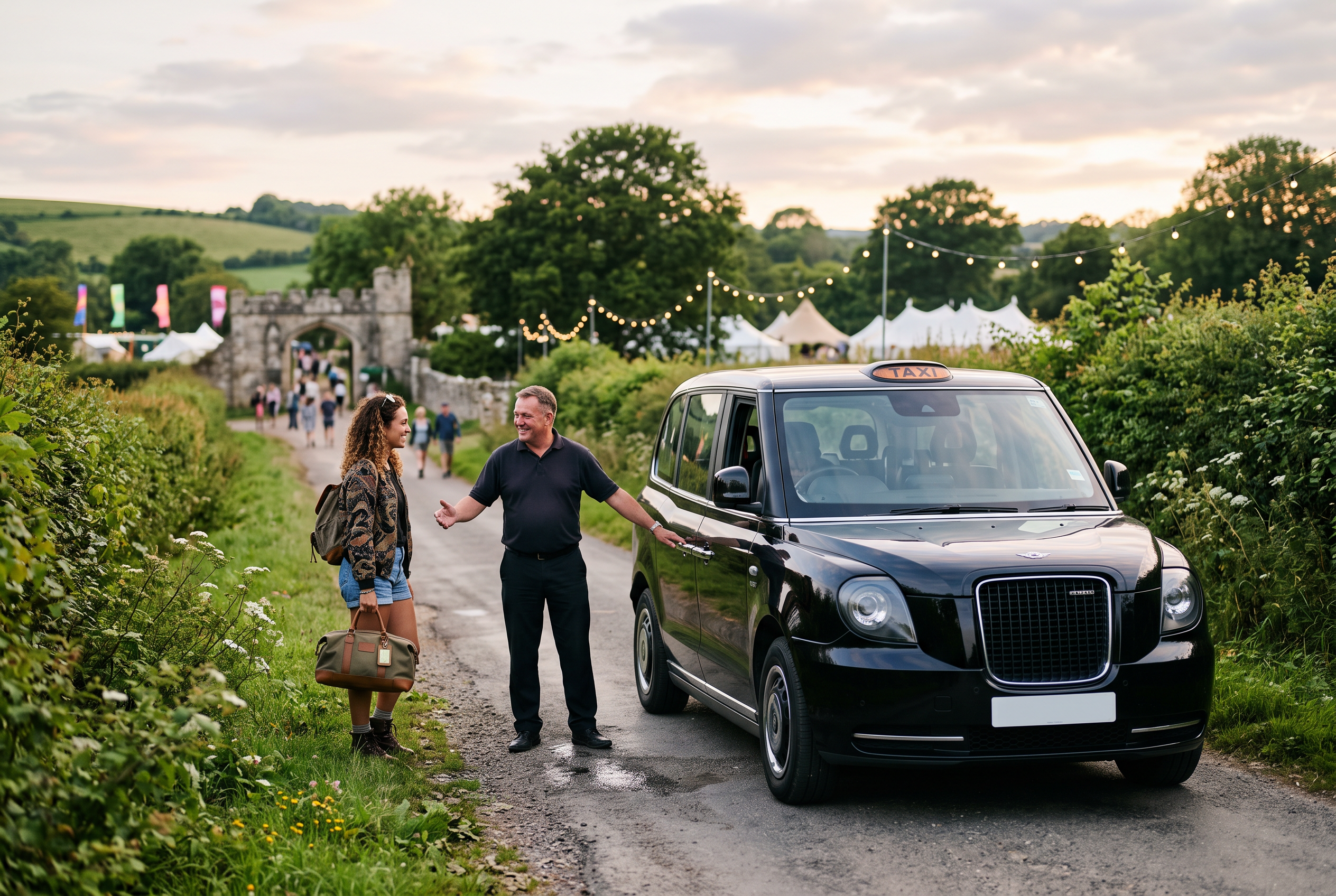 Illustrative black taxi arriving near a rural festival venue in Dorset